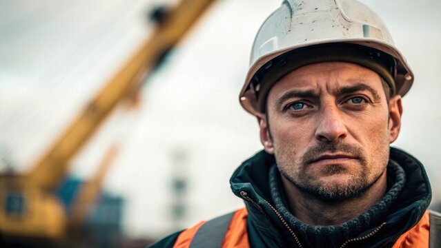 The riggers intense gaze is captured in closeup reflecting determination and expertise with the blurred background of the cranes arm creating a sense of depth and industry around