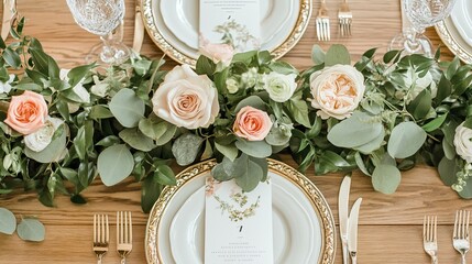 Elegant table setting with roses and eucalyptus for wedding reception