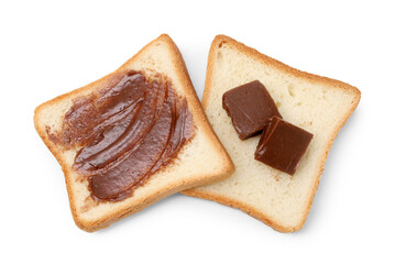Tasty sandwiches with chocolate butter isolated on white, top view