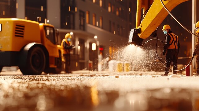 Construction workers spray water at a dusty urban site at night to reduce air pollution. Heavy machinery operates under artificial lighting, ensuring safety and efficiency.