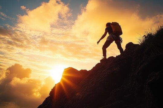 Climber on Rocky Hill at Sunset Achieving Life Goals and Self Improvement