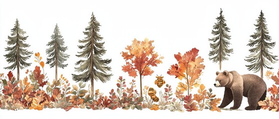 Cute Bear Watercolor with Honey and Fall Foliage Border in Soft Color Palette for Charming Decor