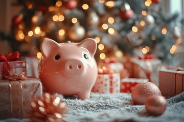Christmas Scene with Piggy Bank Gifts and Tree Decorations