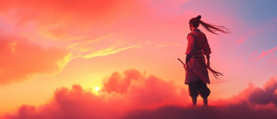 a lone warrior stands silhouetted against a vibrant sunset.