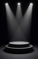 3D podium glows brightly stage lamps, projector beams on black background. Backlight effects.