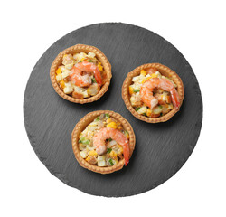 Tartlets with delicious filling isolated on white, top view