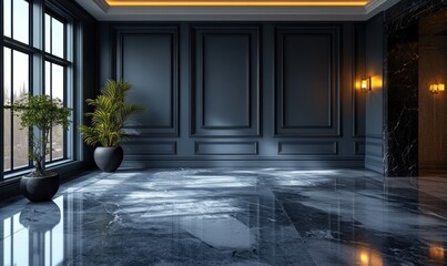 Modern Minimalist Living Room with Dark Gray Wall and Elegant Ceiling Moldings