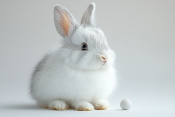 Fluffy white rabbit with gray markings soft focus minimalist style bright lighting isolated on white background