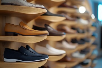 Retail shoes displayed on racks and shelves
