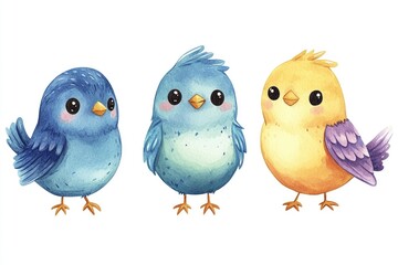 Fototapeta premium Three colorful birds stand together on a white background
