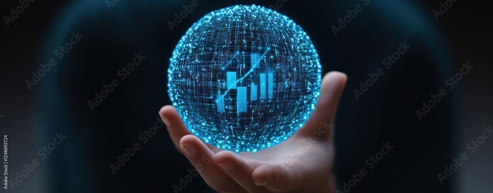 Aufkleber Hand Holding Digital Sphere with Growing Bar Chart and Data Visualization Concepts in Modern Technology Context