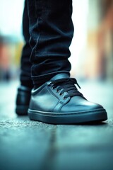 A close-up view of a person's shoes on a city sidewalk, ready for the day