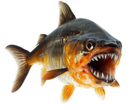 fierce piranha with sharp teeth, showcasing its menacing appearance against transparency background. This predatory fish is known for its powerful jaws and aggressive nature