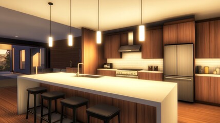 Modern kitchen interior featuring sleek design, warm lighting, and open layout with outdoor view
