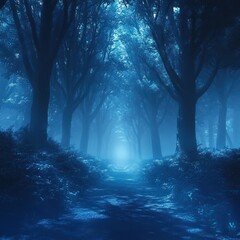Fototapeta premium Ethereal Forest Path Surrounded by Mystical Shadows and Misty Blue Light