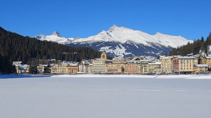 A beautiful view of the town of Sankt Moritz, showcasing its ski resorts and vibrant culture amidst the Swiss Alps.