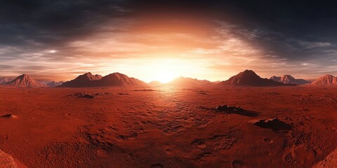 Naklejka premium Vast Red Desert Martian Landscape at Sunrise with Distant Mountains and Textures