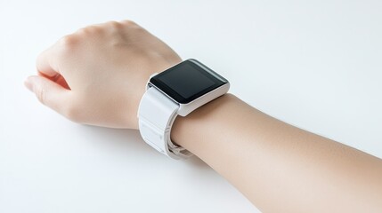 Close-up of wrist wearing a modern white smartwatch on white background