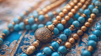 Elegant Blue and Gold Beaded Necklace with Intricate Detailing on Silk Fabric