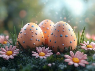 Speckled Easter eggs nestled in a field of flowers with soft morning sunlight