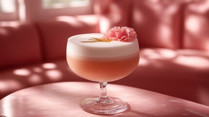 Elegant pink cocktail garnished with carnation flower and edible gold flakes, served in a glass on a pink table with a blurred pink sofa background.
