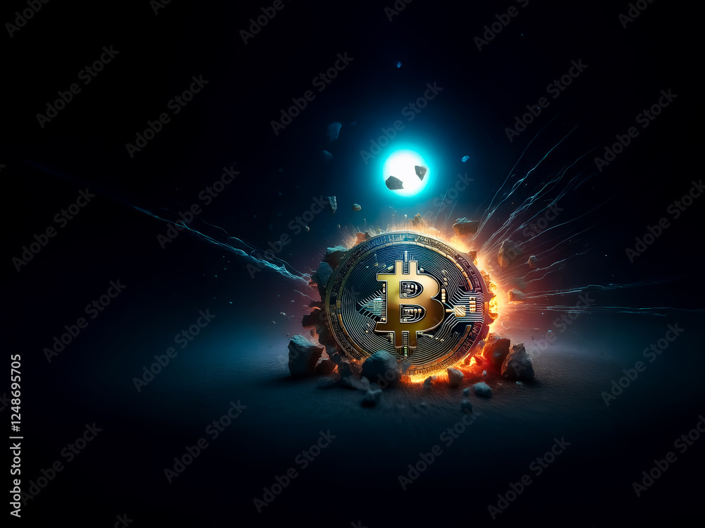 Poster a golden coin with a central 'b' symbol bursts with bright light and shatters into pieces against a 