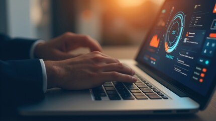 Business person working on laptop with digital analytics dashboard at night. Technology data visualization for corporate finance, Performance analytics, planning, stats