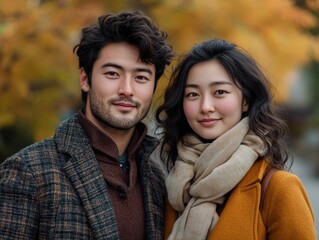 Obraz premium asian couple in autumn background, aged 80s photo retro style