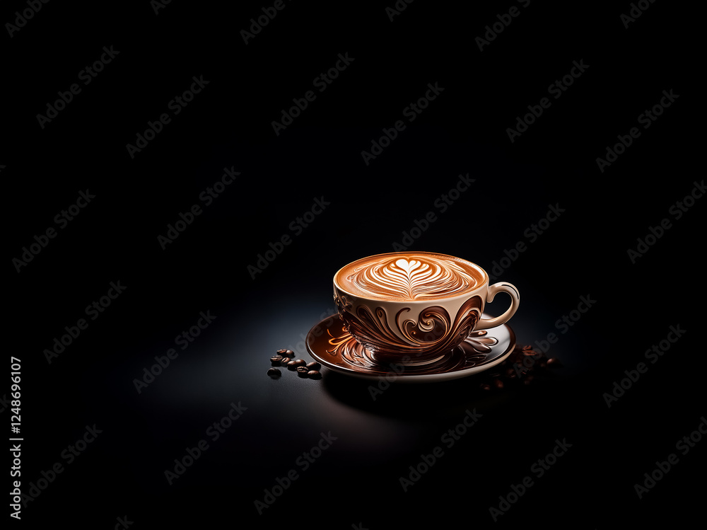 Poster a steaming cup of latte art coffee with a delicate leaf design is presented on a saucer, surrounded 