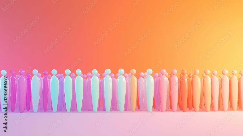 Poster Colorful Silhouettes of Diverse Figures Standing in Line Against a Gradient Background in Soft Pastel Colors