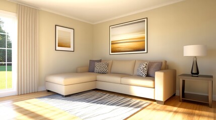 Fototapeta premium Modern living room with stylish sofa, decorative pillows, and artwork, bathed in natural light