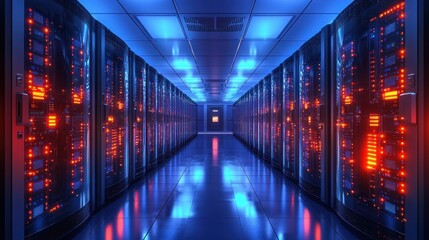 Obraz premium Futuristic Cyberpunk Data Center Corridor with Server Racks and Blue Light