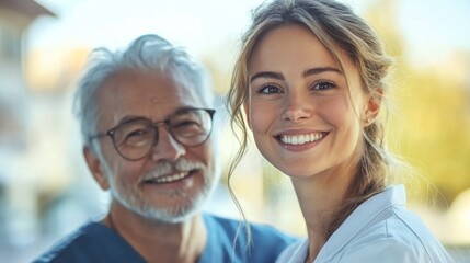 Gente del mundo de la medicina, médicos con experiencia, sonríen por un gran trabajo en el hospital.