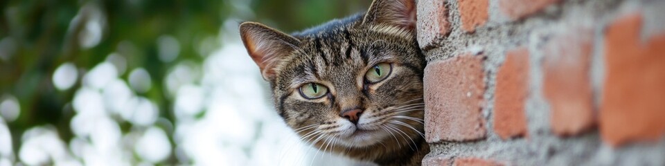 A curious cat hiding behind a brick wall, perfect for backgrounds and scenes
