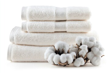A stack of white towels sits atop a heap of cotton, perfect for use in photography or design projects