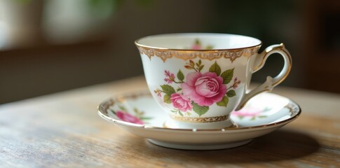 Fototapeta premium Intricate porcelain teacup & saucer set, delicate floral pattern, detail, ceramic, delicate
