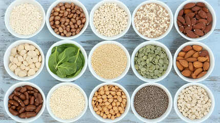 Healthy food bowls, variety, nutrition, table, overhead