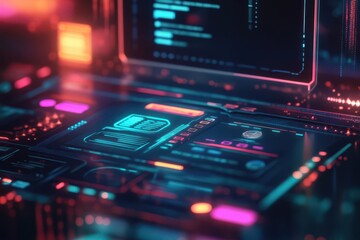Fototapeta premium futuristic holographic payment interface with glowing verification symbols, secure transaction visualization, cyberpunk aesthetic