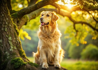Adorable fluffy dog, perched high in a treetop, smiles down; a high-DOF nature portrait.