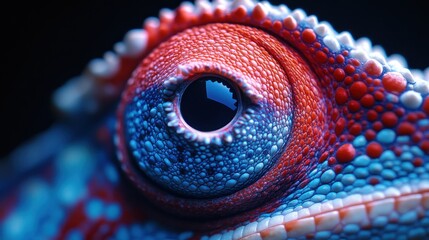 Fototapeta premium Close-up of a chameleon's eye, vibrant red, blue, and white scales.