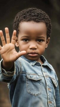 Ni&ntilde;o africano deteniendo con la mano abierta, neg&aacute;ndose, no al hambre y a la discriminaci&oacute;n racial.