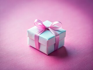 Fototapeta premium Adorable tilt-shift miniature gift box, DIY, pastel pink backdrop, white-wrapped, perfect miniature photography gift idea.