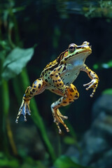 Fototapeta premium A frog in the pond, water, and on a leaf, surrounded by nature, with brown and white colors, and detailed macro shot of the amphibian's eyes