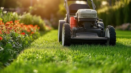 Lawn mower on vibrant green grass in backyard mowing lawn in natural sunlight