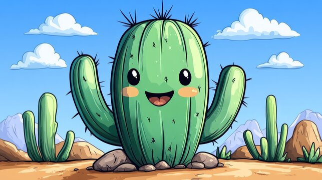 Happy cartoon cactus character smiling in a vibrant desert landscape with mountains and clouds