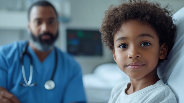 Ni&ntilde;o afroamericano en hospital recibiendo atenciones sanitarias.