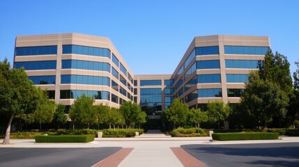 A contemporary office complex with an open courtyard, green landscaping, and a clear blue sky, creating a serene business environment.