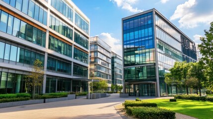 A contemporary office complex with an open courtyard, green landscaping, and a clear blue sky, creating a serene business environment.
