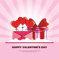 valentine's day vector with gift icon concept, heart balloons and letters. Valentine's Day. Can be used for greeting cards, posters and social media purposes