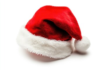 A red and white Santa hat on a white surface, ideal for holiday decorations or gift wrap